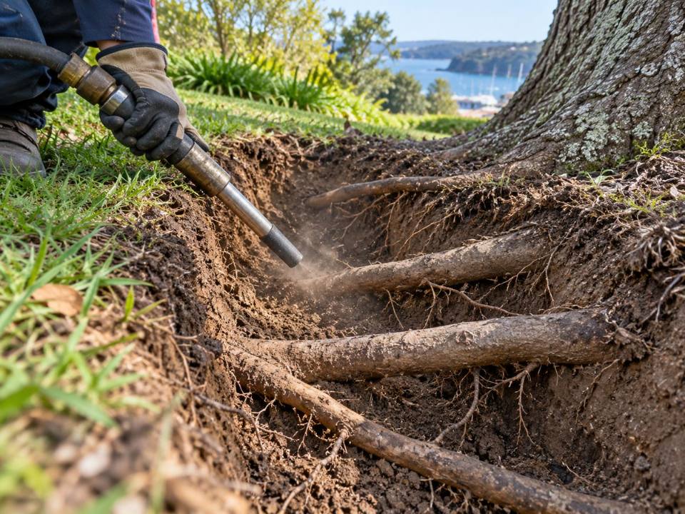 Non-destructive root investigation using an air spade beside a tree