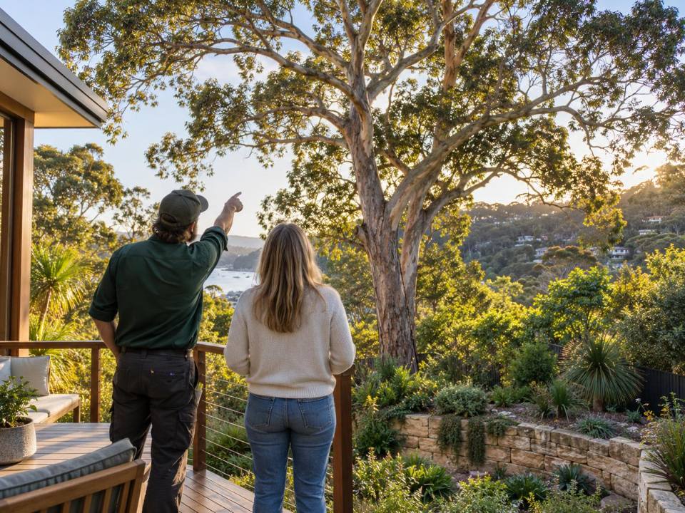 Arborist and homeowner looking at a large backyard tree