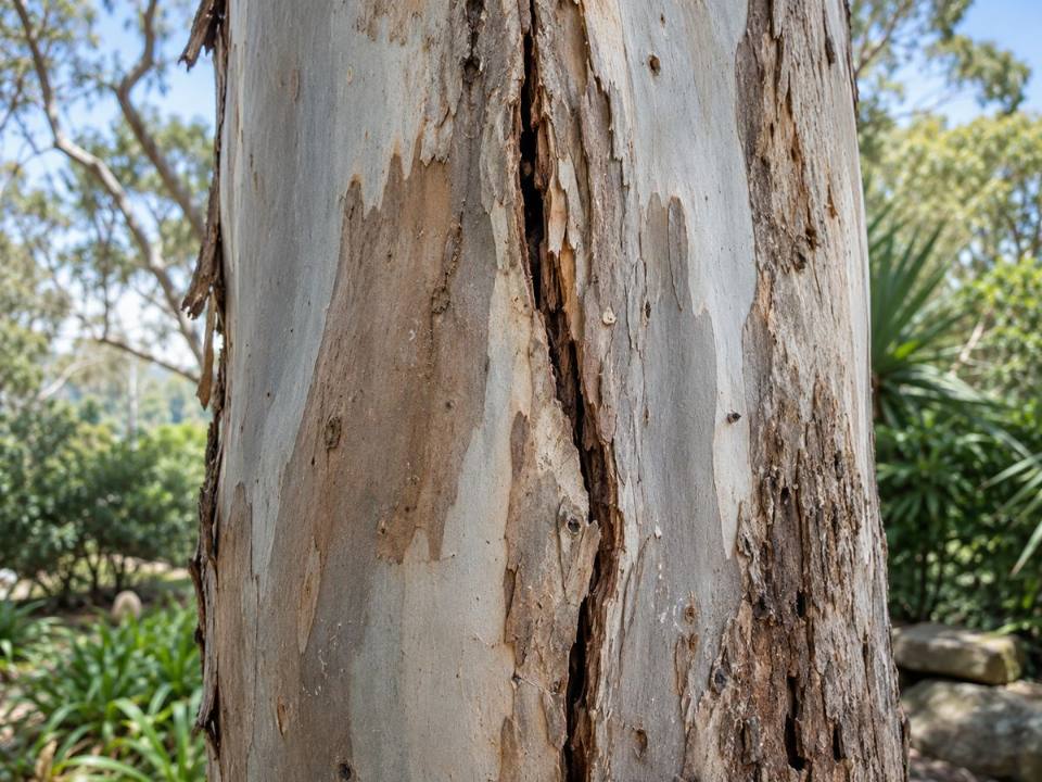 Vertical crack running through the trunk of a eucalypt