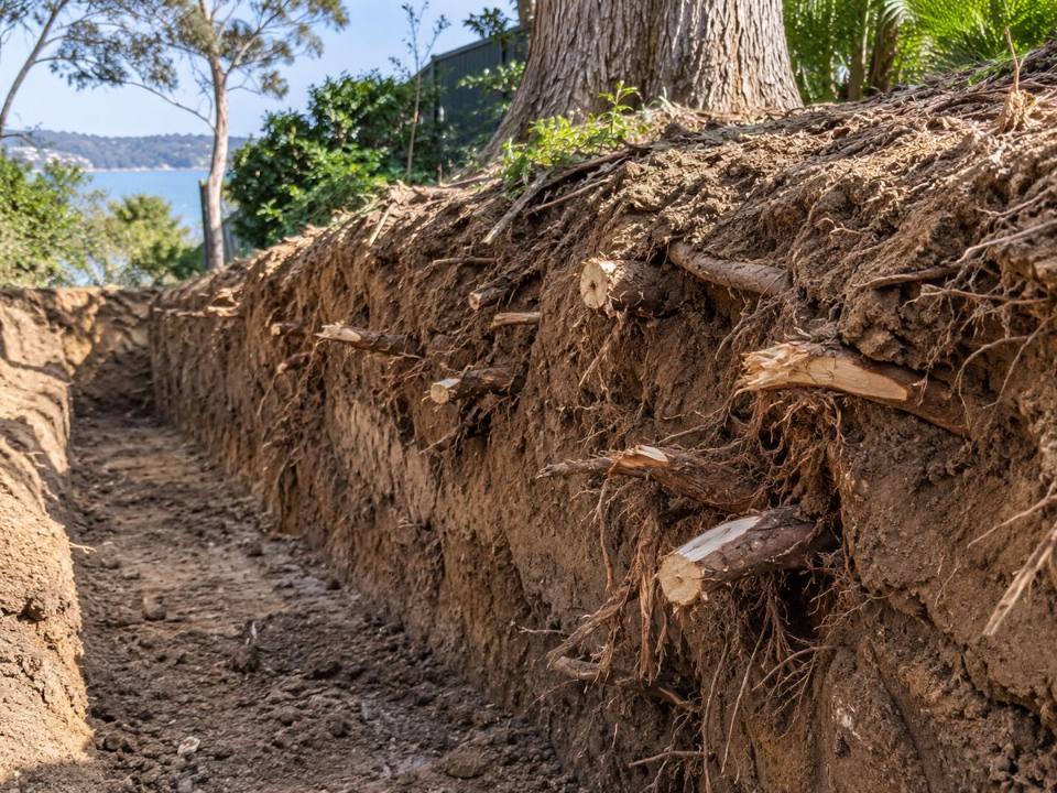 Damaged tree roots near construction