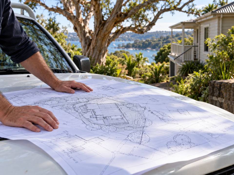Architectural site plans reviewed beside a retained tree