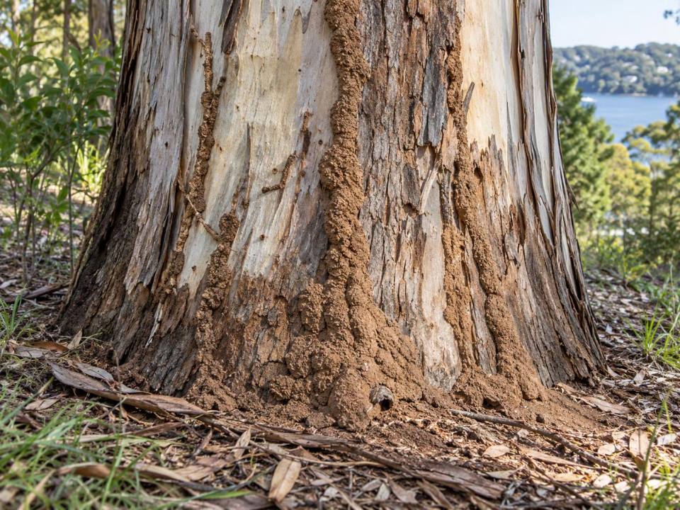 Termite activity on a tree trunk