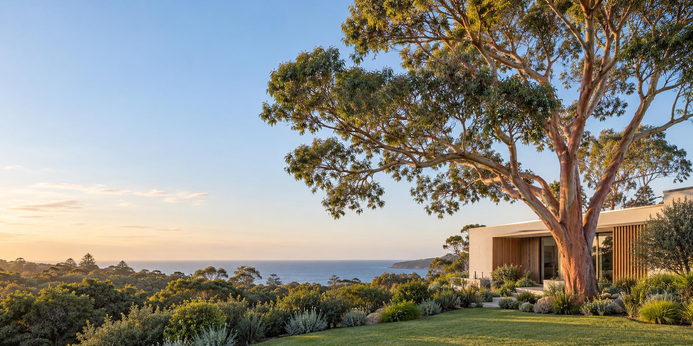 Large Sydney red gum beside a contemporary coastal home on the Northern Beaches with the ocean behind