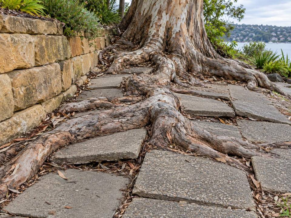 Tree roots lifting paving beside a sandstone retaining wall