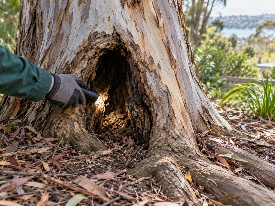 Arborist inspecting a cavity at the base of a eucalypt trunk